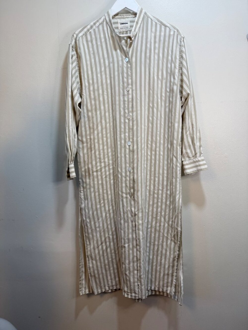 Lorenzini Italy Beige White Stripe Silk Long Button Down Shirt Dress Sz 40=8/10